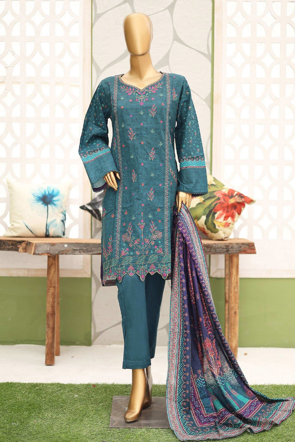 Bin Saeed Stitched 3 Piece Emb Khaddar Winter Collection'2024-WKF-943-Teal