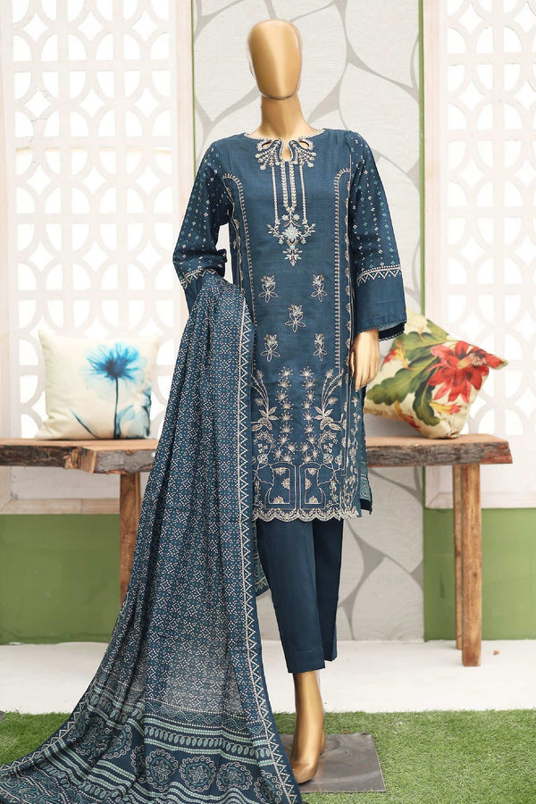 Bin Saeed Stitched 3 Piece Emb Khaddar Winter Collection'2024-WKF-944-Navy Blue