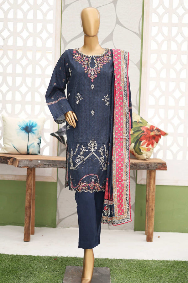 Bin Saeed Stitched 3 Piece Emb Khaddar Winter Collection'2024-WKF-946-Navy Blue