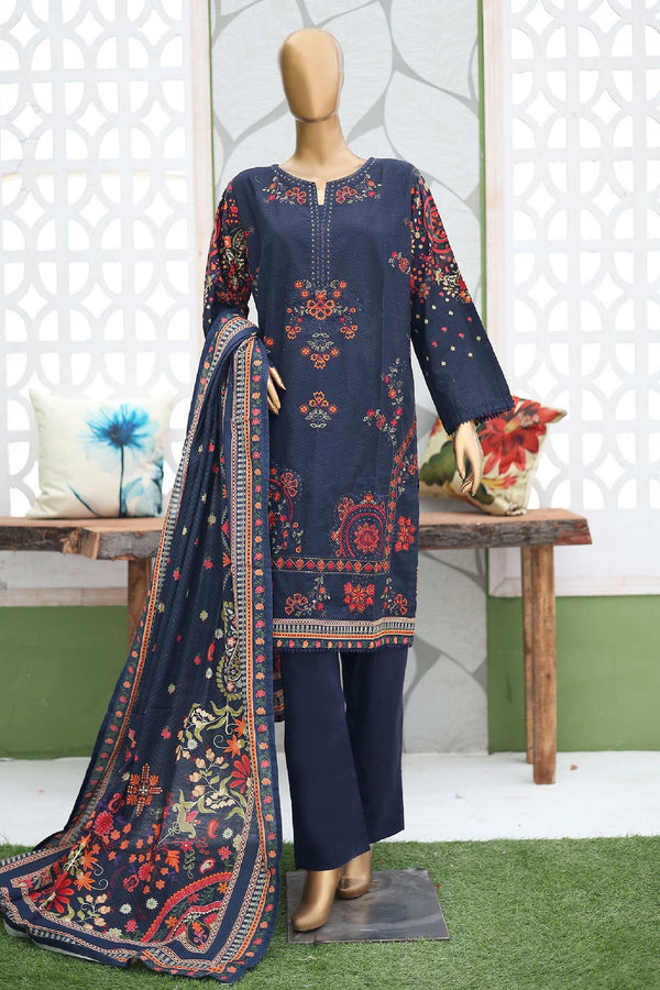 Bin Saeed Stitched 3 Piece Emb Khaddar Winter Collection'2024-WKF-950-Navy Blue