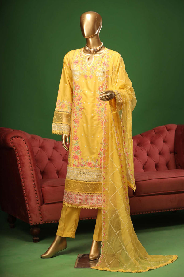 Bin Saeed Stitched 3 Piece Embroidered Cotton Kari Collection'2023-ZDS-010-A-Yellow