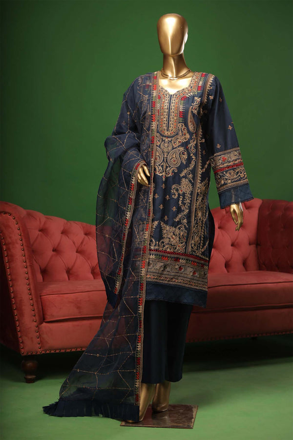 Bin Saeed Stitched 3 Piece Embroidered Cotton Kari Collection'2023-ZDS-01-A-Blue