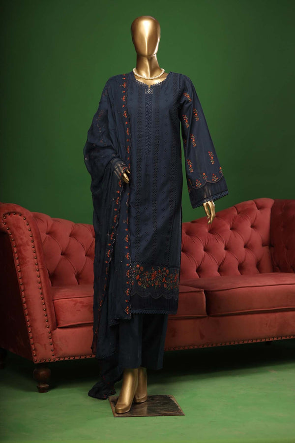 Bin Saeed Stitched 3 Piece Embroidered Cotton Kari Collection'2023-ZDS-01-B-Blue