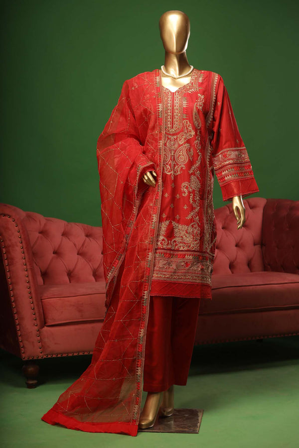 Bin Saeed Stitched 3 Piece Embroidered Cotton Kari Collection'2023-ZDS-08-A-Maroon