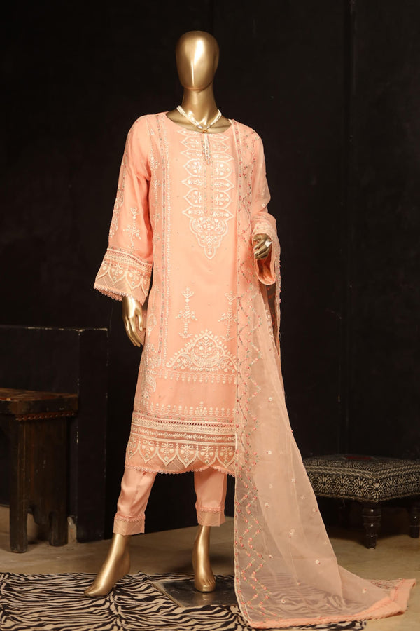 Bin Saeed Stitched 3 Piece Embroidered Chiffon Collection'2022-ZEFC-2001-Peach