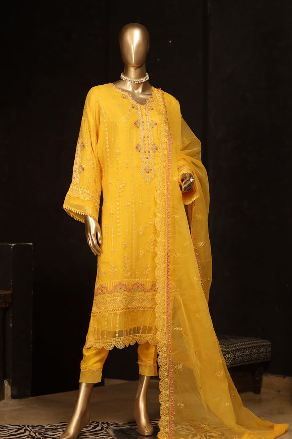 Bin Saeed Stitched 3 Piece Embroidered Chiffon Collection'2022-ZEFC-2001-Yellow