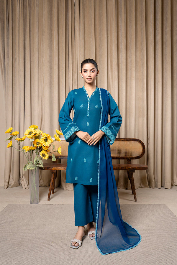 Aqs N Man Stitched 3 Piece Cotton Collection-Teal Tranquility - AM-014
