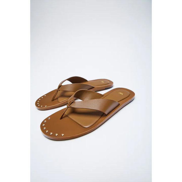 Zara- Flat Leather Sandals- Brown