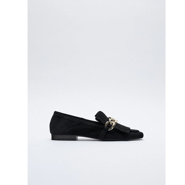 Zara- Split Suede Loafers With Chain And Fringing