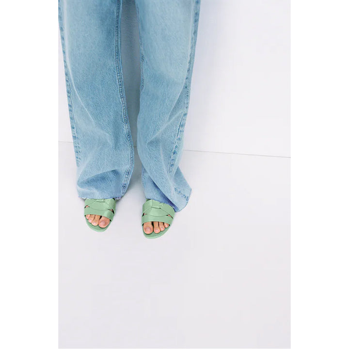 Zara- Flat Leather Criss-Cross Strap Sandals- Sea Green
