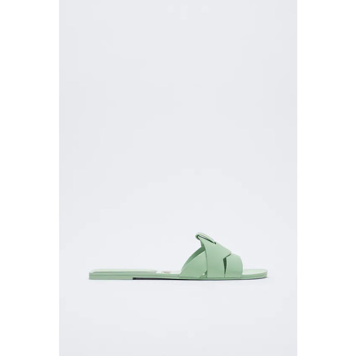 Zara- Flat Leather Criss-Cross Strap Sandals- Sea Green