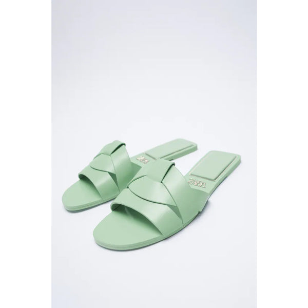 Zara- Flat Leather Criss-Cross Strap Sandals- Sea Green