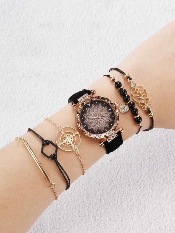Shein- 1pc Rhinestone Floral Dial Watch & 5pcs Bracelet