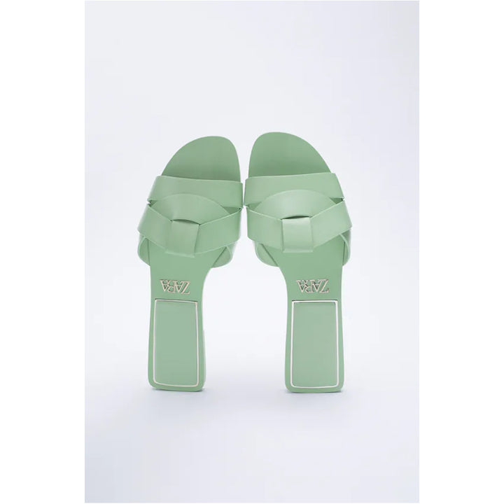 Zara- Flat Leather Criss-Cross Strap Sandals- Sea Green