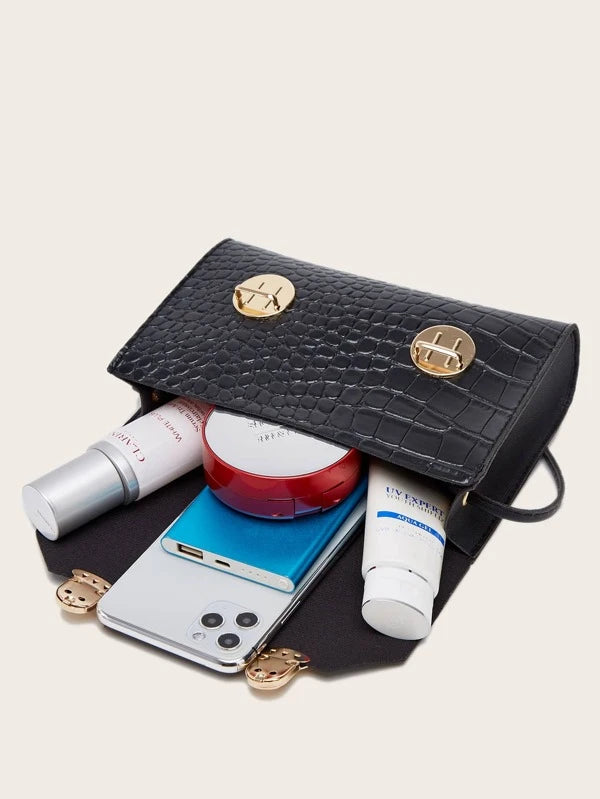 Shein- Black Stylish Crocodile Crossbody Bag