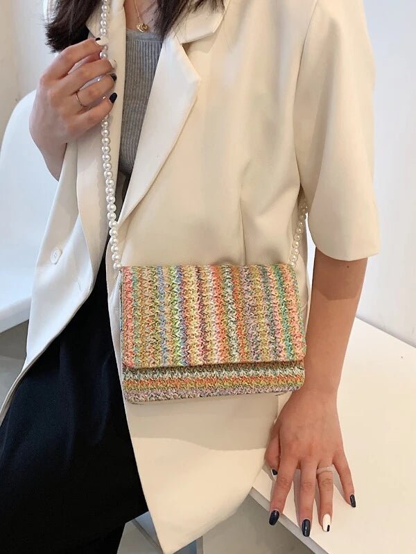 Shein- Faux Pearl Decor Straw Crossbody Bag