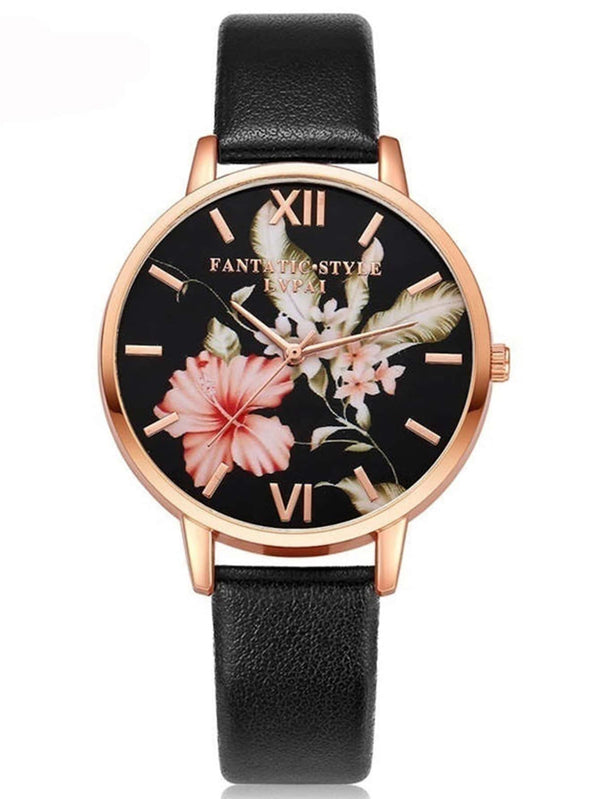 Shein- Flower Print Dial Round Pointer Quartz Watch