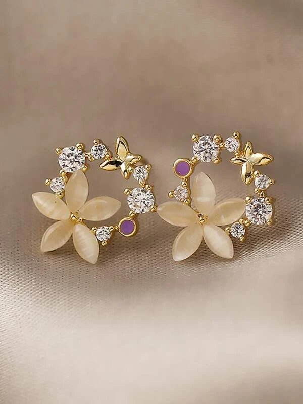 Shein- Rhinestone & Flower Decor Stud Earrings