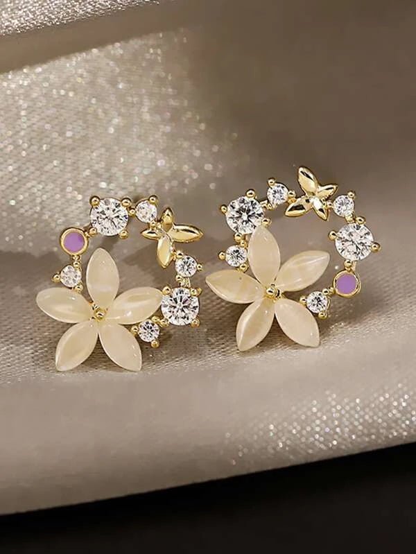 Shein- Rhinestone & Flower Decor Stud Earrings