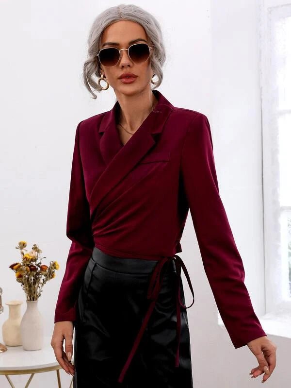 Shein - Notched Collar Pocket Embroidered Cowhide Side Knot Jacket