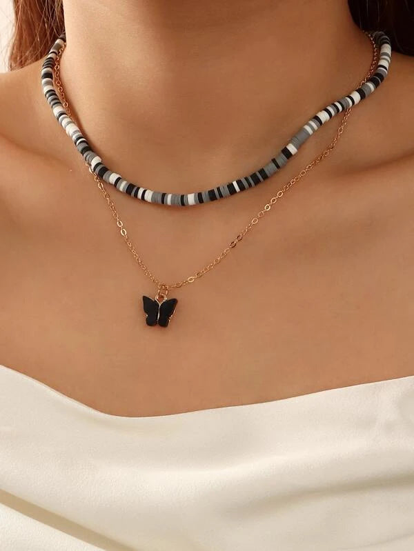 Shein- 2pcs Random Color Butterfly Charm Necklace