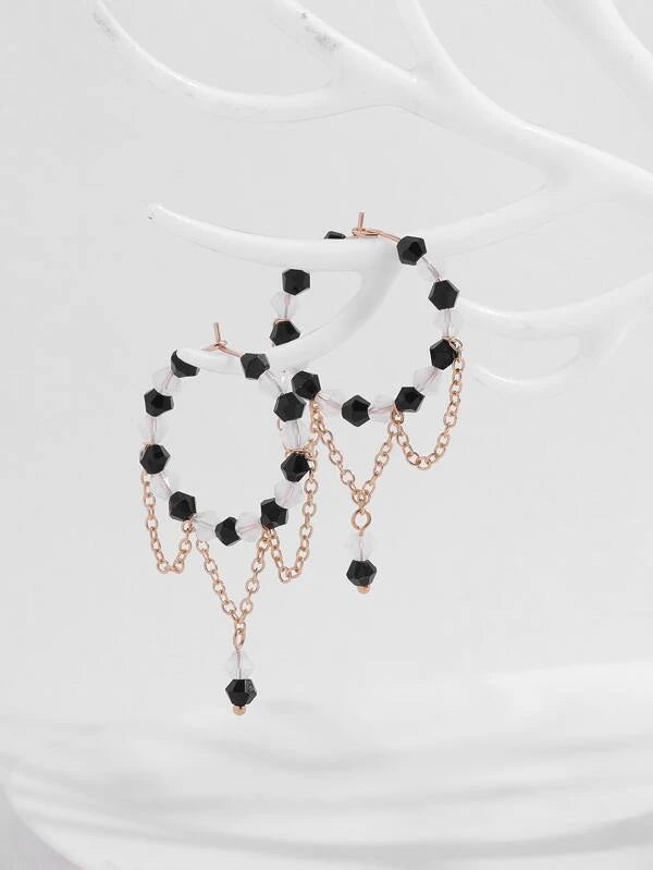 Shein - Bead & Chain Decor Hoop Earrings