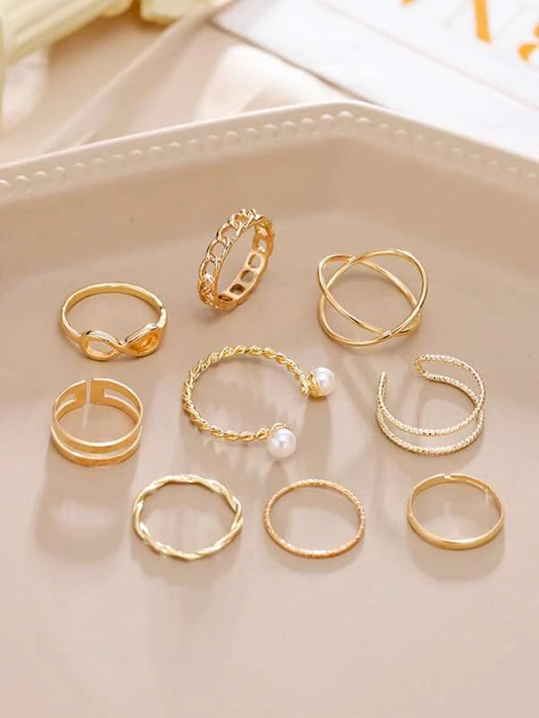 Shein- 9pcs Faux Pearl Decor Ring Gold