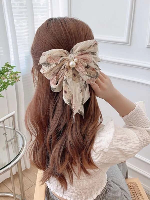 Shein - French Buckle with Butterfly Bow, Faux Pearl & Floral Print