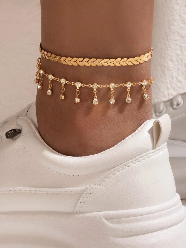 Shein- Anklet With Rhinestone Decor 2 Pcs- Yellow Golden