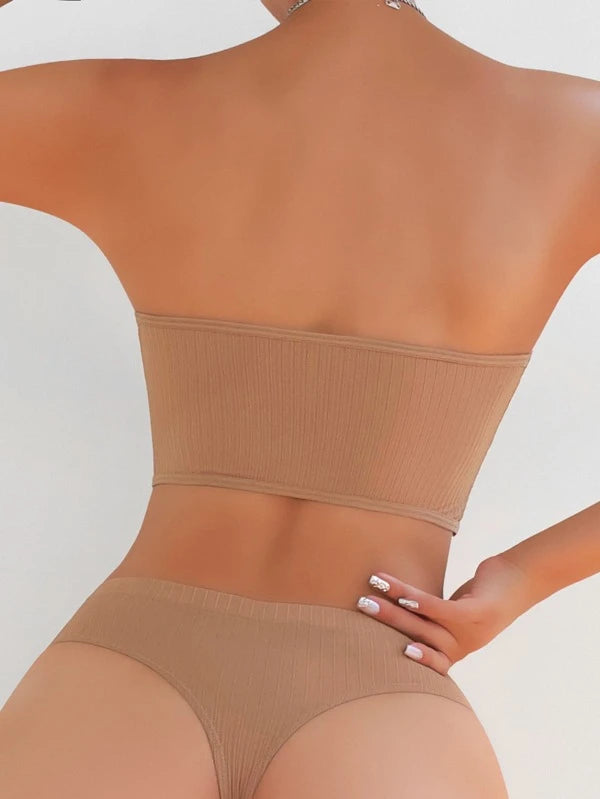 Shein Ribbed Knit Bandeau Underwear Set