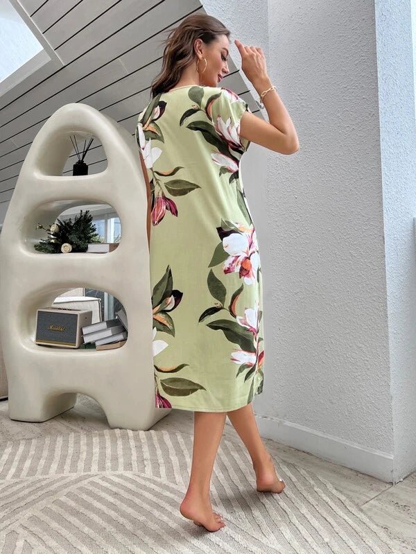 Shein- V-Neck Nightgown With Batwing Sleeves And Floral Print- Mint Green