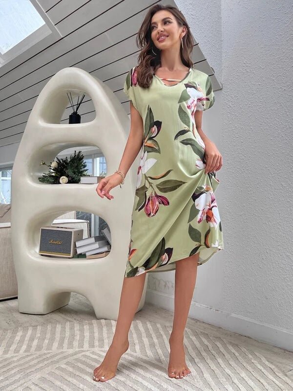 Shein- V-Neck Nightgown With Batwing Sleeves And Floral Print- Mint Green