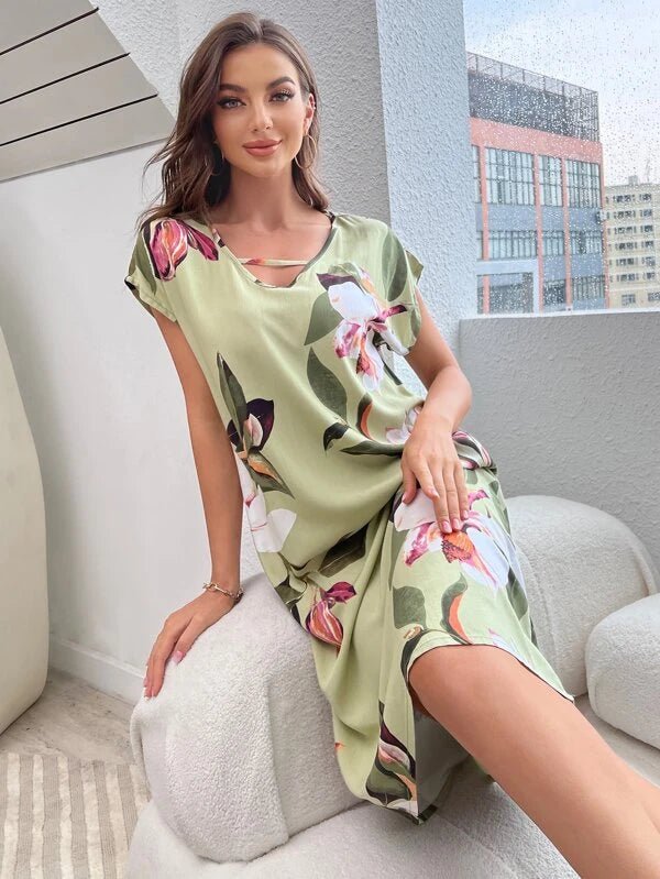 Shein- V-Neck Nightgown With Batwing Sleeves And Floral Print- Mint Green