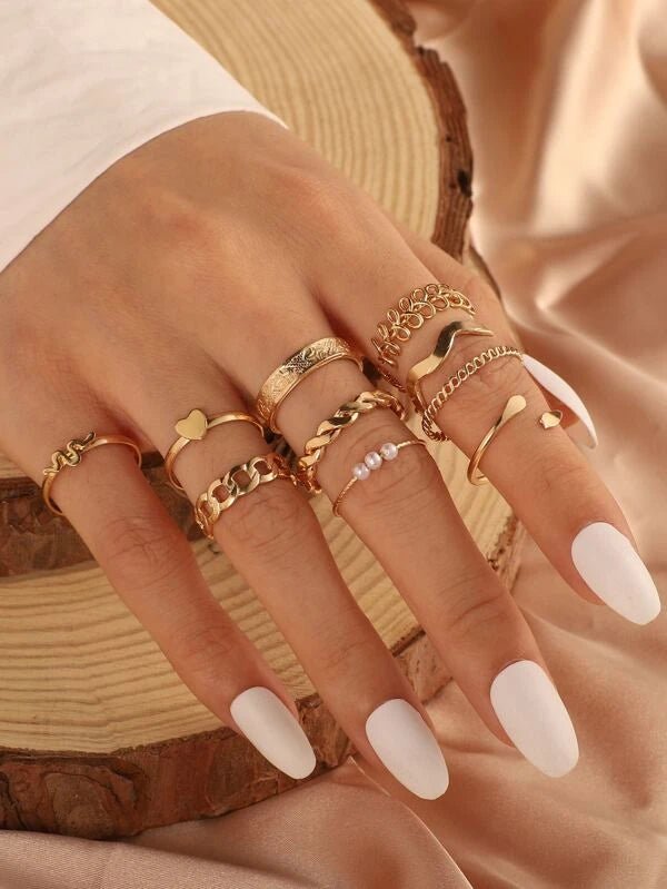 Shein- Ring Decorated With A Heart And Artificial Pearls 10 Pieces