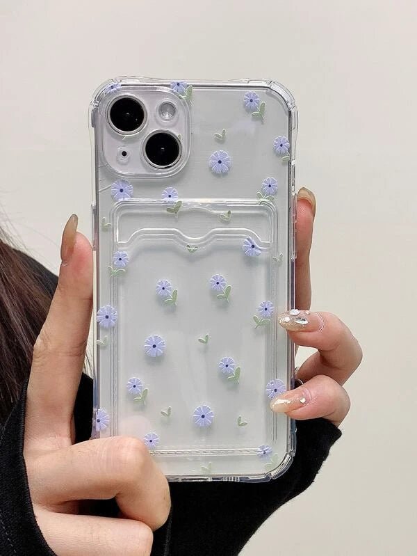 Shein- Mobile Cover With Transparent Floral Print, Card Slot