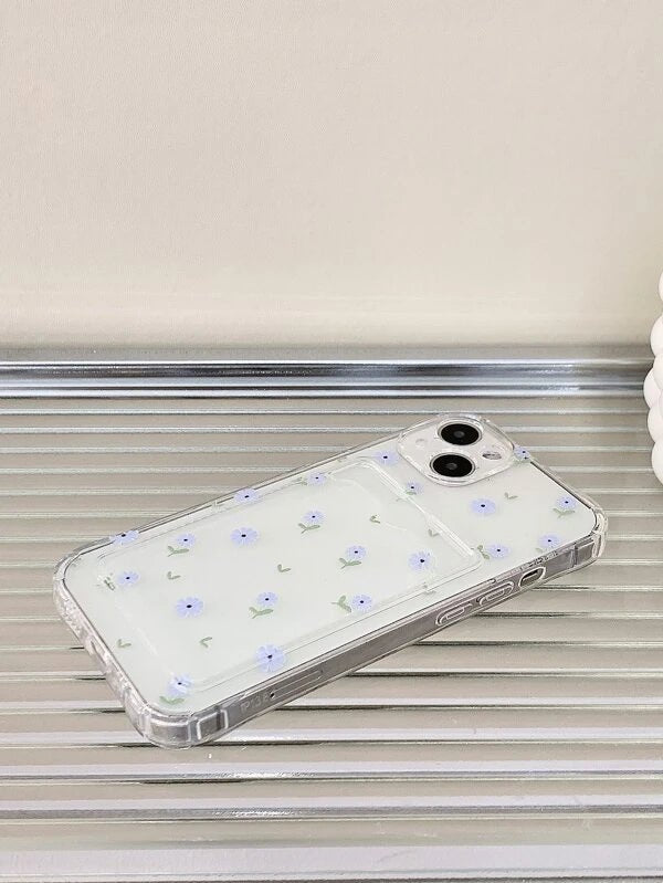 Shein- Mobile Cover With Transparent Floral Print, Card Slot