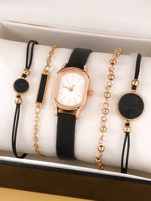 Shein - 1pc Oval Pointer Quartz Watch & 4pcs Bracelet