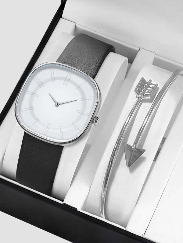 Shein - One Piece Simplified Quartz Watch With Square Pointer Dial And One Piece Bracelet