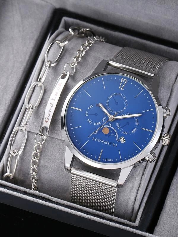 Shein - One Piece Men's Simplified Round Hand Calendar Quartz Watch and One Piece Bracelet