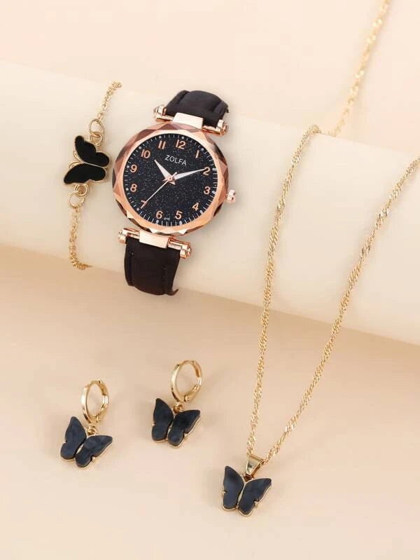 Shein Shiny 1 Piece Round Pointer Dial Quartz Watch and 4 Piece Jewelry Set