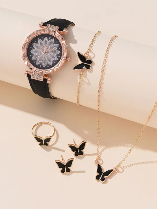 Shein - 1pc Rhinestone Decor Quartz Watch & 5pcs Jewelry Set