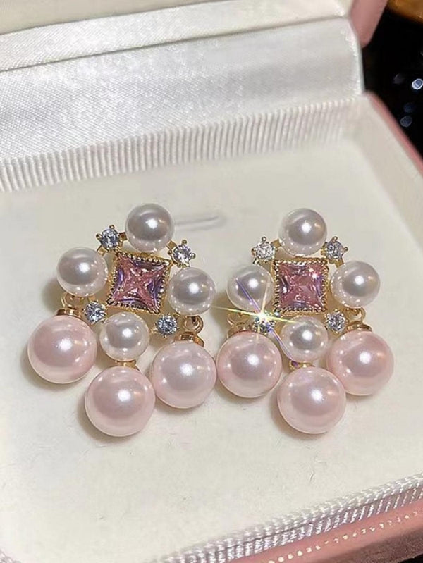 Shein - Glamorous Zinc Alloy Cubic Zirconia & Faux Pearl Decor Stud Earrings For Women For Daily Decoration