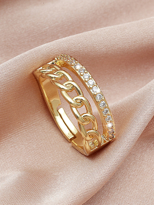 Shein - 1pc Fashion Stainless Steel Rhinestone Decor Chain Design Ring For Women For Gift