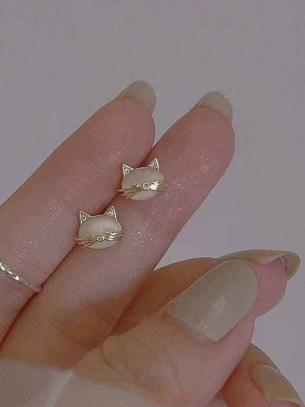 Shein - 1pair Cute Kitty Cat Eye Stone Stud Earrings For Women