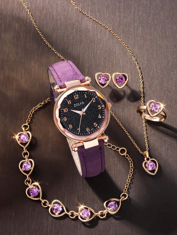 Shein - 6pcs/set Starry Rhinestone Decor Leather Bracelet & Watch Set For Girls