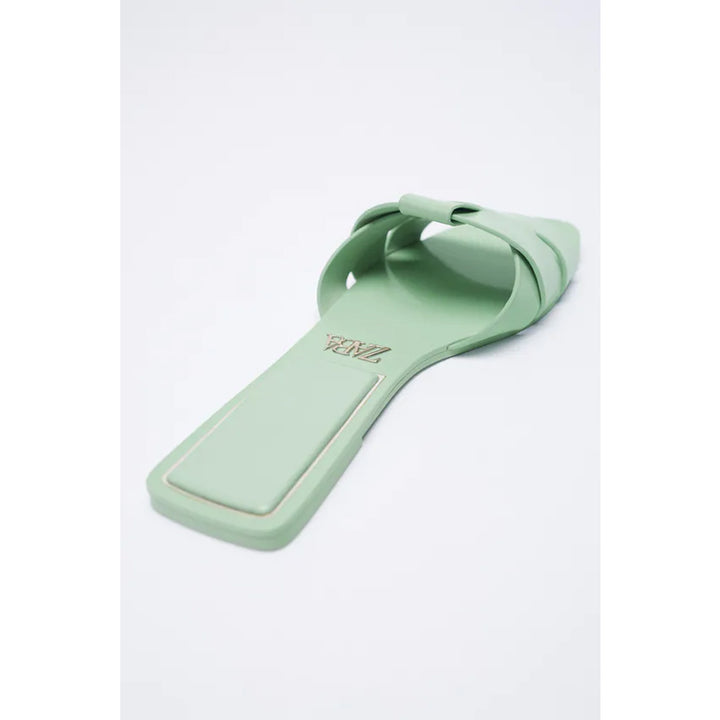 Zara- Flat Leather Criss-Cross Strap Sandals- Sea Green