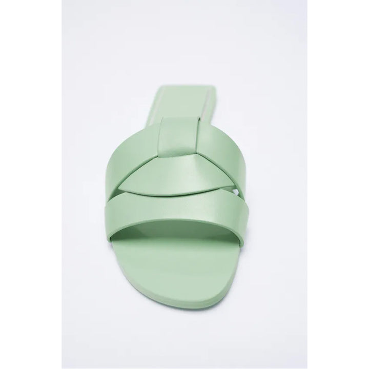 Zara- Flat Leather Criss-Cross Strap Sandals- Sea Green