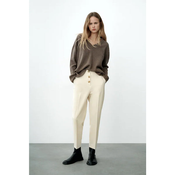 Zara- High-Waist Buttoned Trousers- Cream