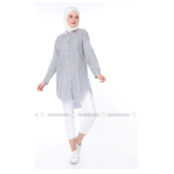 Modanisa- SAHRA BUTİK Navy Blue - Stripe - Point Collar - Tunic
