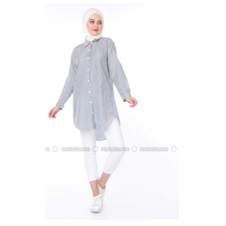 Modanisa- SAHRA BUTİK Navy Blue - Stripe - Point Collar - Tunic